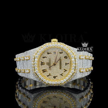 Luxury Moissanite AP VVS watch with Arabic dial, full diamond setting and two-tone bracelet, front facing view