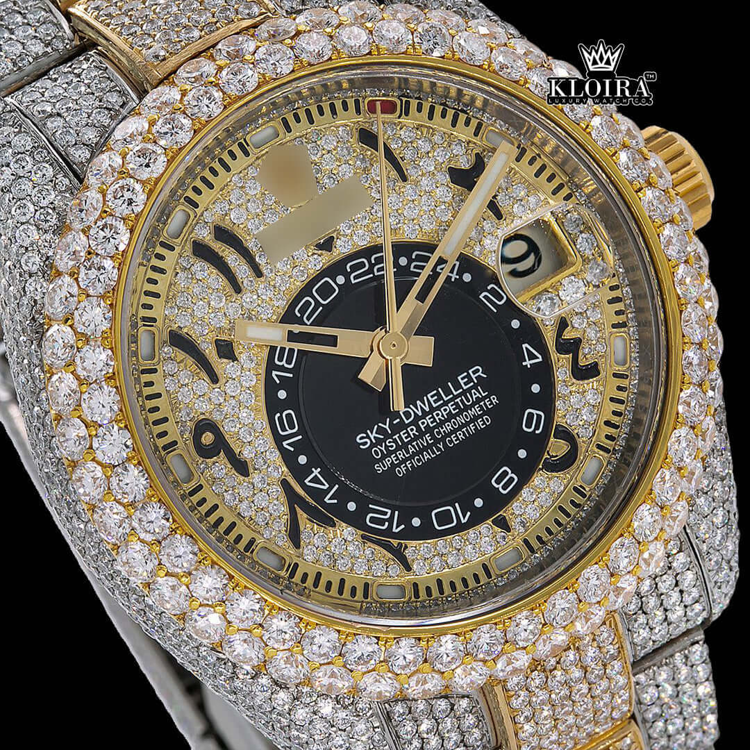 VVS Clarity Moissanite Rolex Watch with black and yellow dial, diamond-studded band, and elegant 42mm design.
