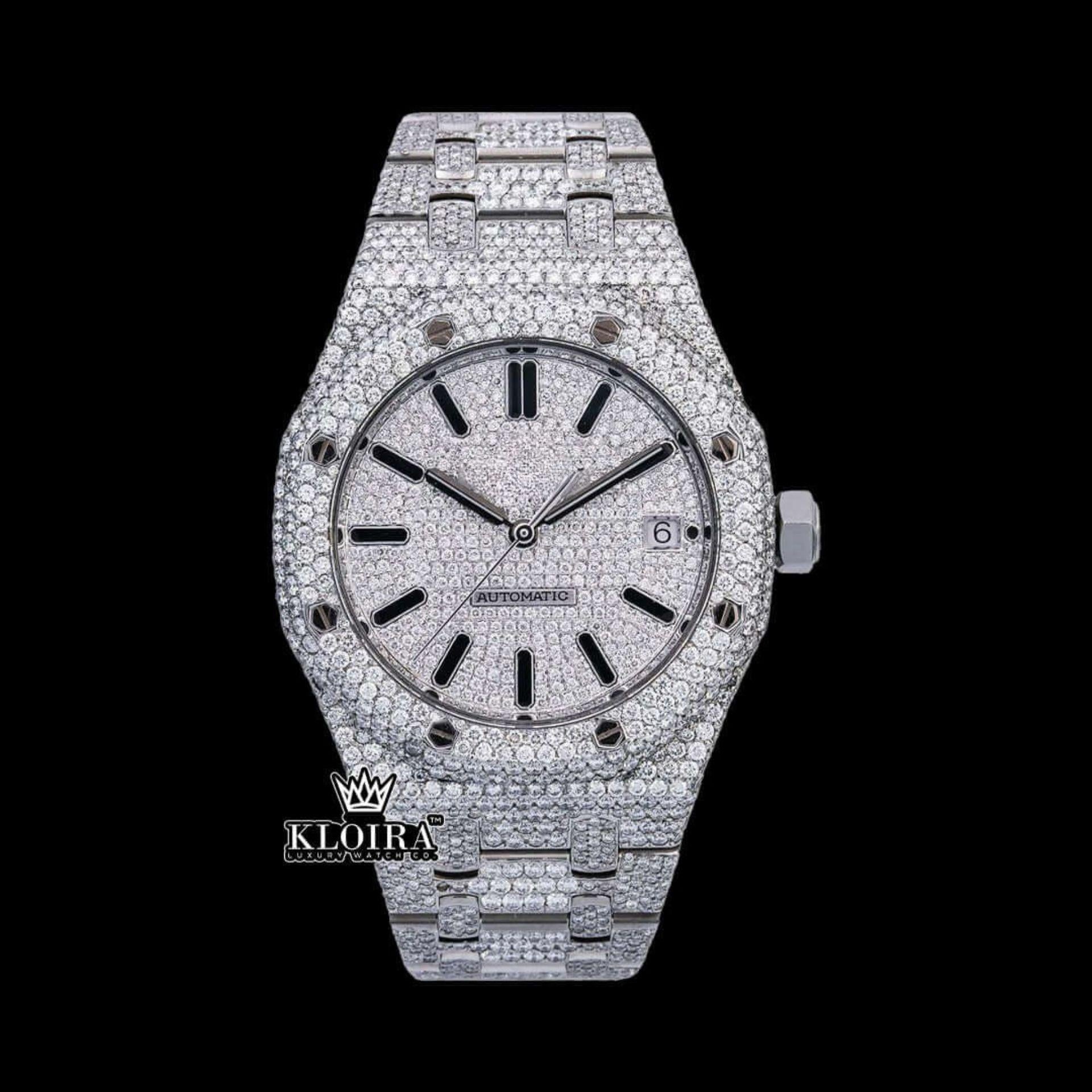 VVS Moissanite Diamond Fully Iced Out Watch 14K Gold 20 Carat 42mm Front View