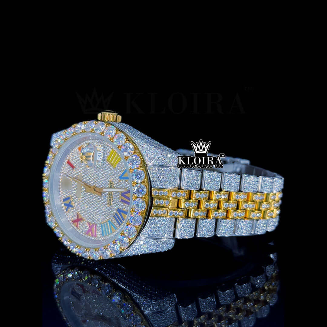 Iced Out Rolex Rainbow Dial Moissanite Watch with colorful dial and diamond accents.
