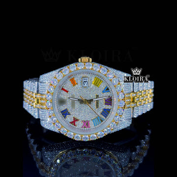 Iced Out Rolex Rainbow Dial Moissanite Watch with colorful dial and diamond accents.