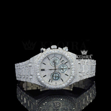 White Chronograph Dial Stick Markers Fully Iced Out Natural Diamond Watch Front View