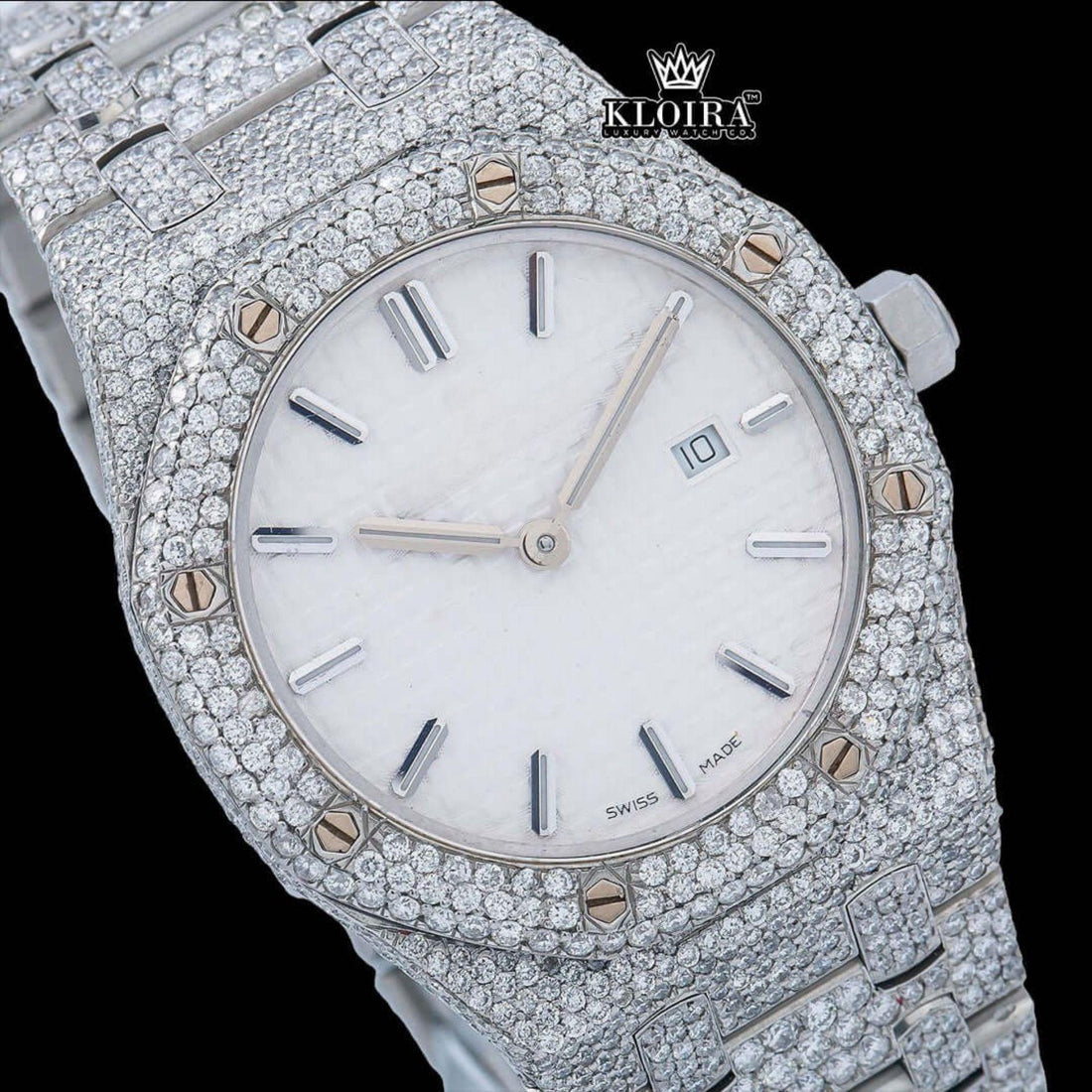 White Dial AP Inspired Iced Out Moissanite Diamond Watch 14K Gold VVS 42mm Front View