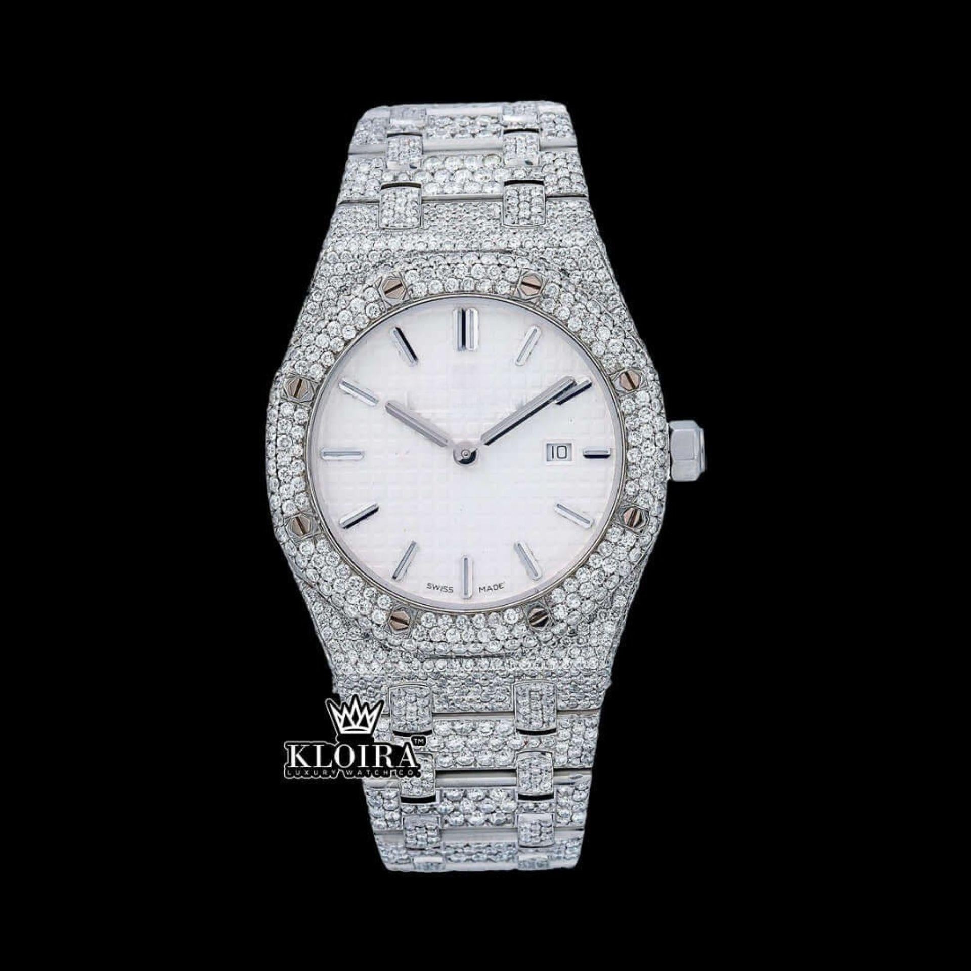 White Dial AP Inspired Iced Out Moissanite Diamond Watch 14K Gold VVS 42mm Front View