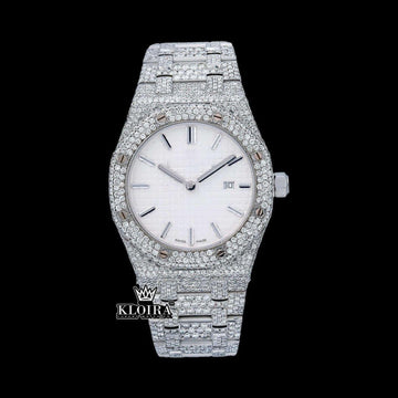 White Dial AP Inspired Iced Out Moissanite Diamond Watch 14K Gold VVS 42mm Front View