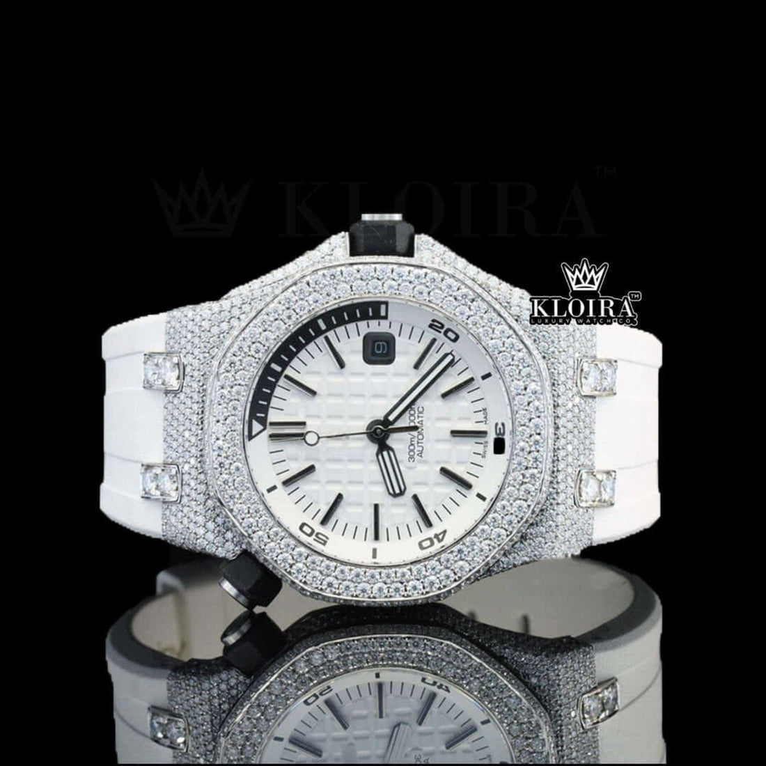 White Dial AP White Rubber Strap Iced Out Moissanite Diamond Watch Front View
