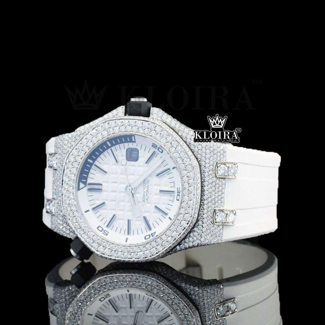White Dial AP White Rubber Strap Iced Out Moissanite Watch Front View