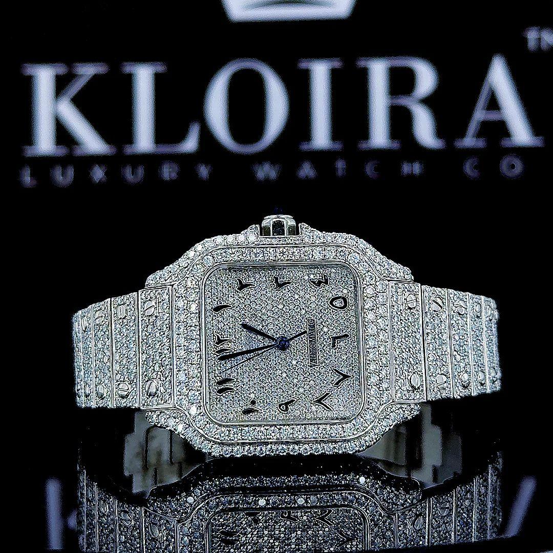 White Dial Arabic Numerals Fully Iced Out Moissanite Watch Front Close View