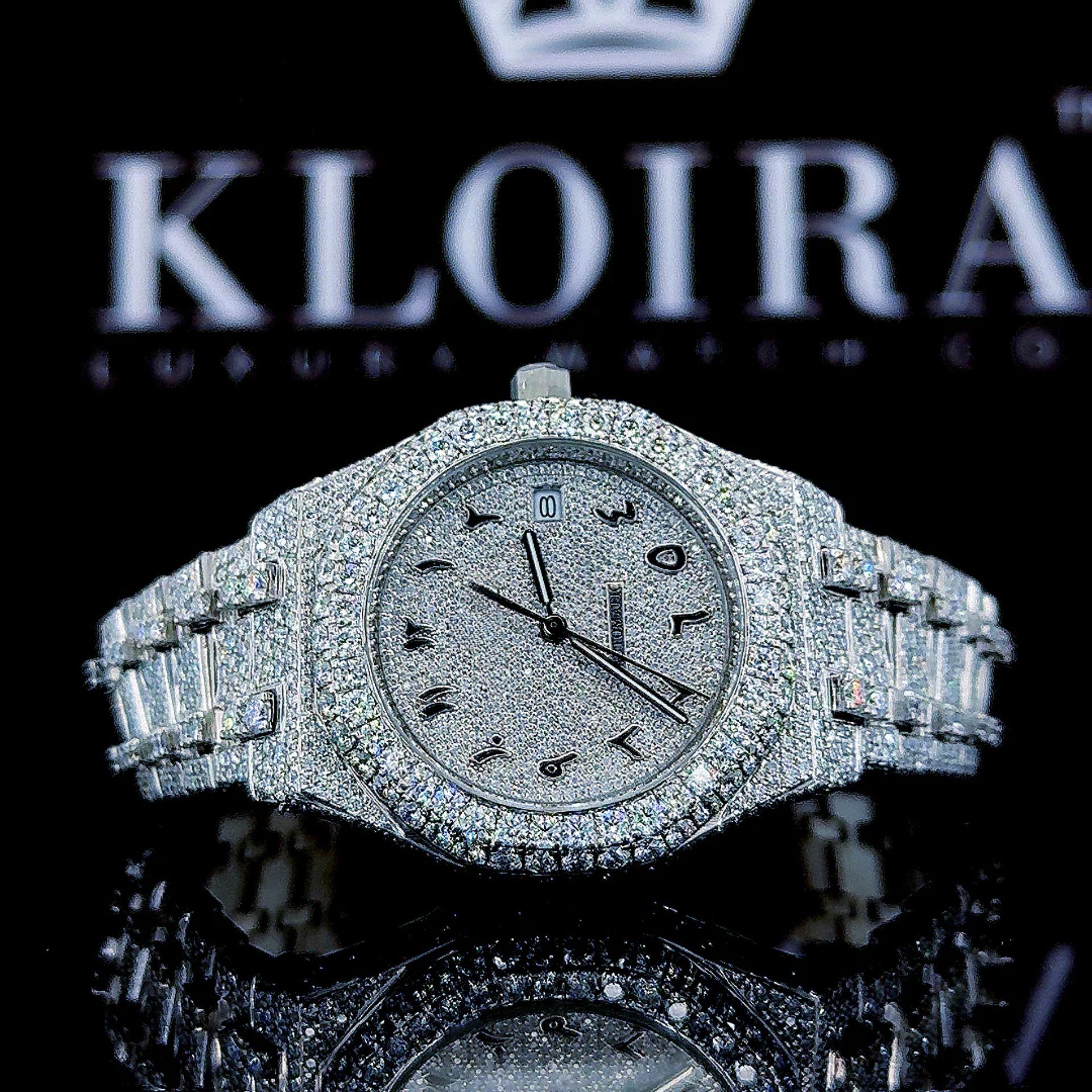 White Dial Black Arabic Numerals Fully Iced Out Moissanite Diamond Watch Front View