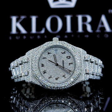 White Dial Black Arabic Numerals Fully Iced Out Moissanite Diamond Watch Front View