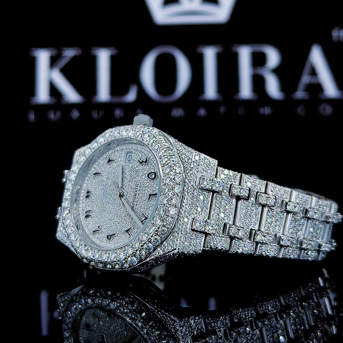 White Dial Black Arabic Numerals Fully Iced Out Moissanite Diamond Watch Front View