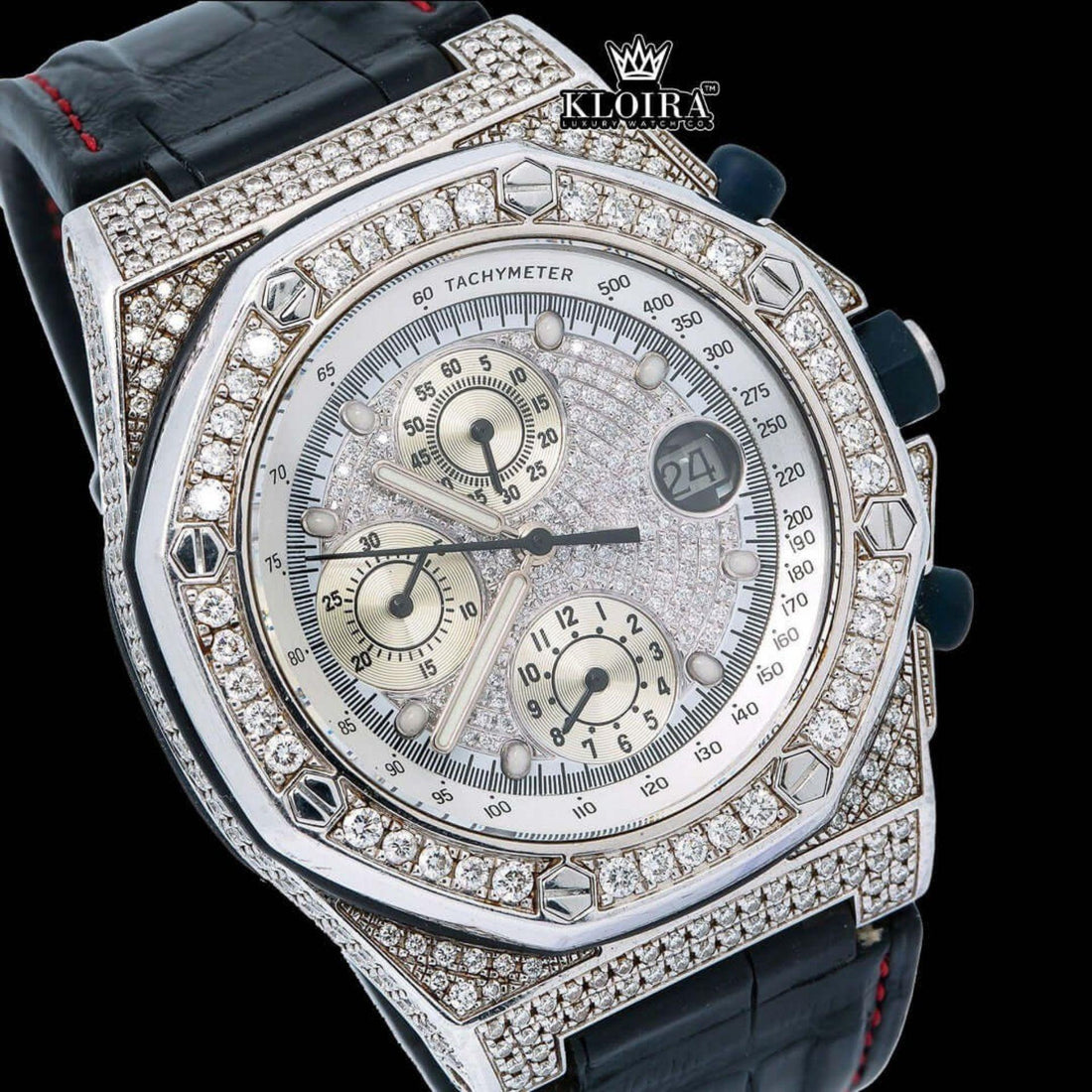 White Dial Black Leather Strap Chronograph Moissanite Diamond Watch Front View