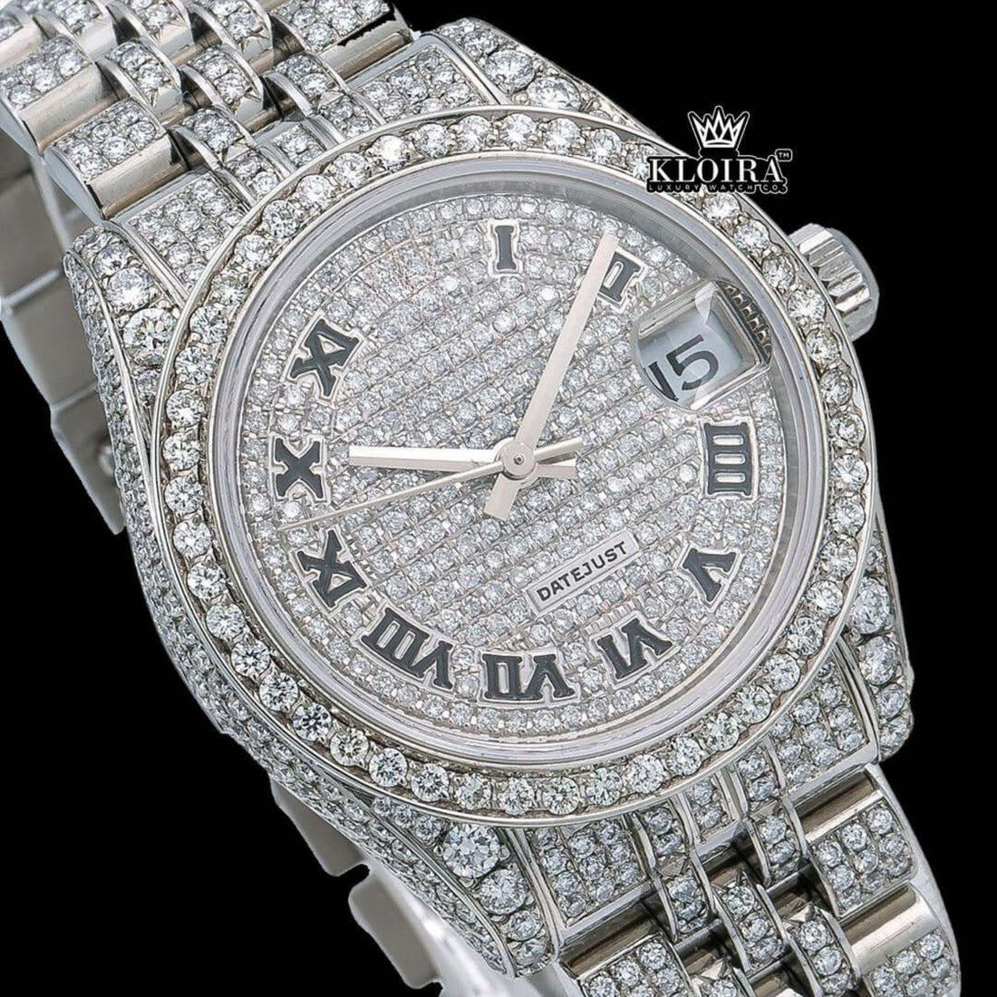 White Dial Black Roman Numerals Bust Down Moissanite Diamond Watch Front View