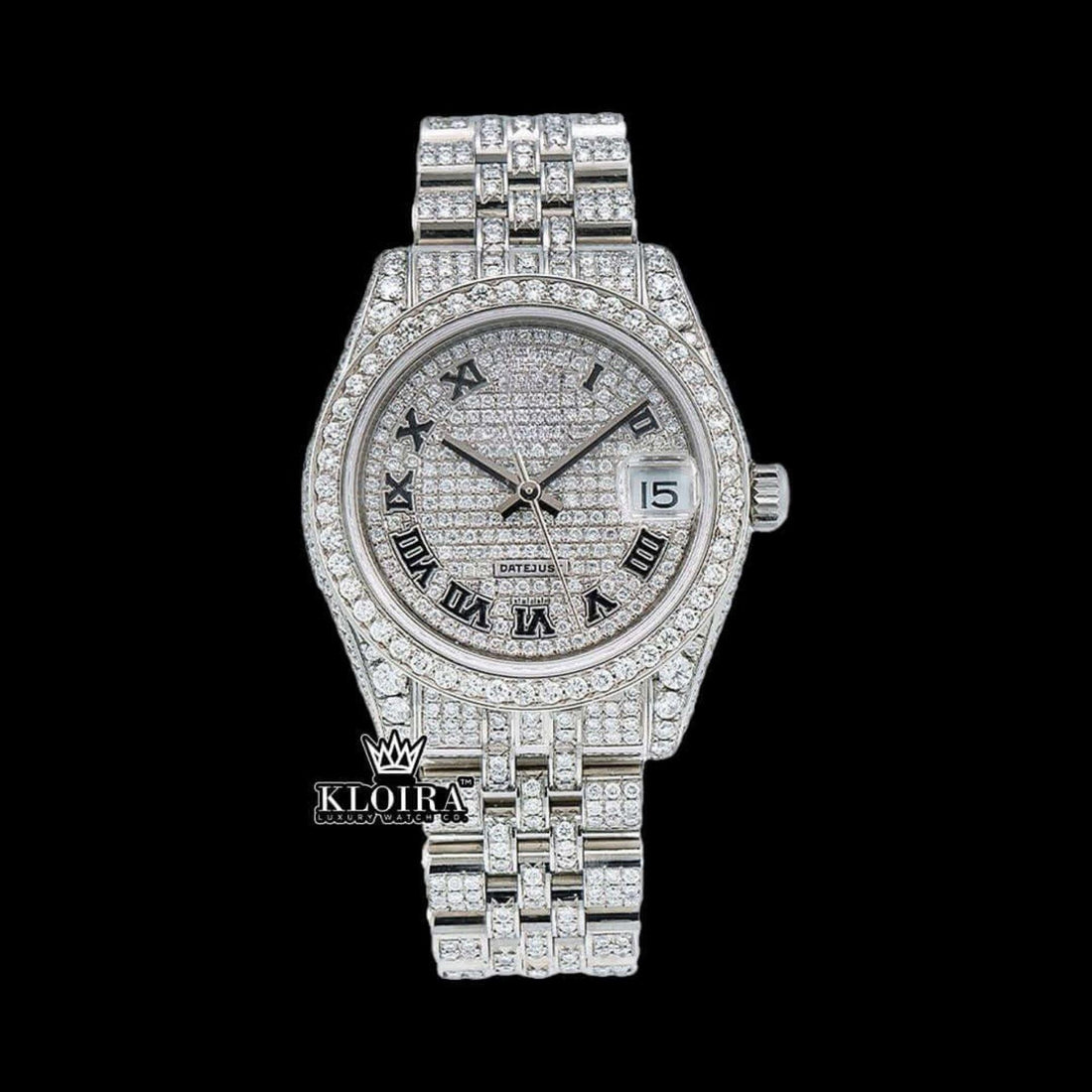 White Dial Black Roman Numerals Bust Down Moissanite Diamond Watch Front View