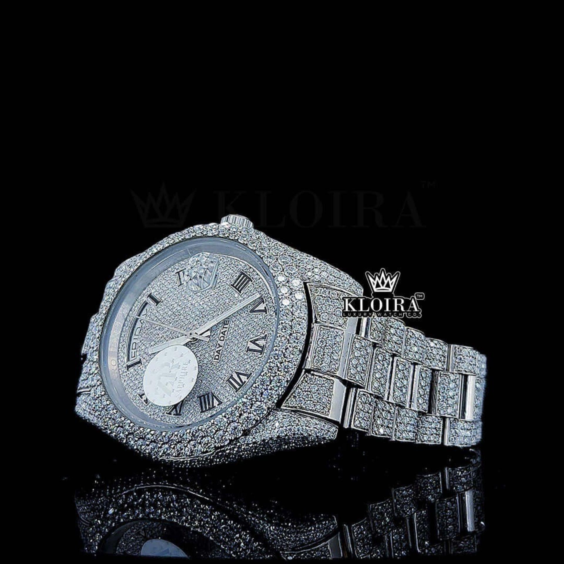 White Dial Black Roman Numerals Fully Iced Out Moissanite Watch