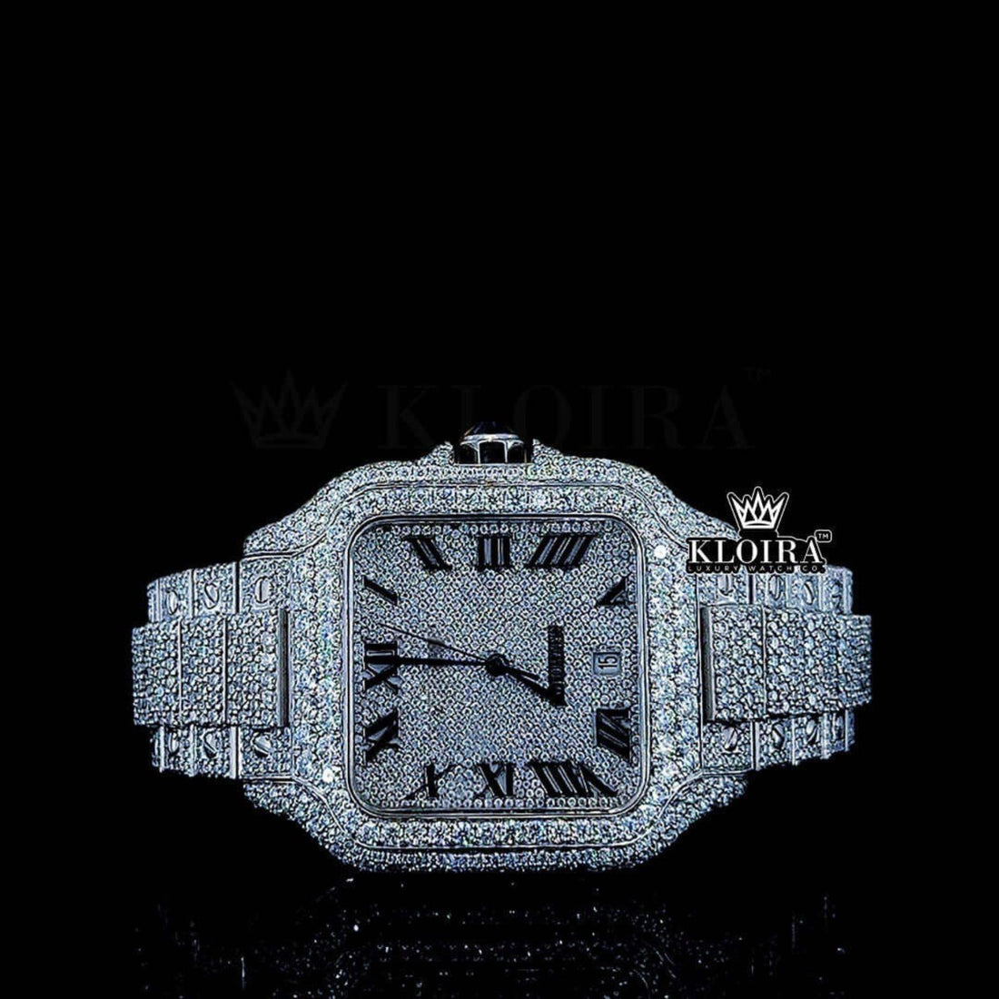 White Dial Black Roman Numerals Iced Out Block Link Strap Moissanite Watch Front View