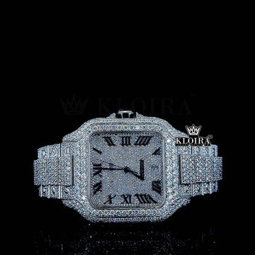 White Dial Black Roman Numerals Iced Out Block Link Strap Moissanite Watch Front View