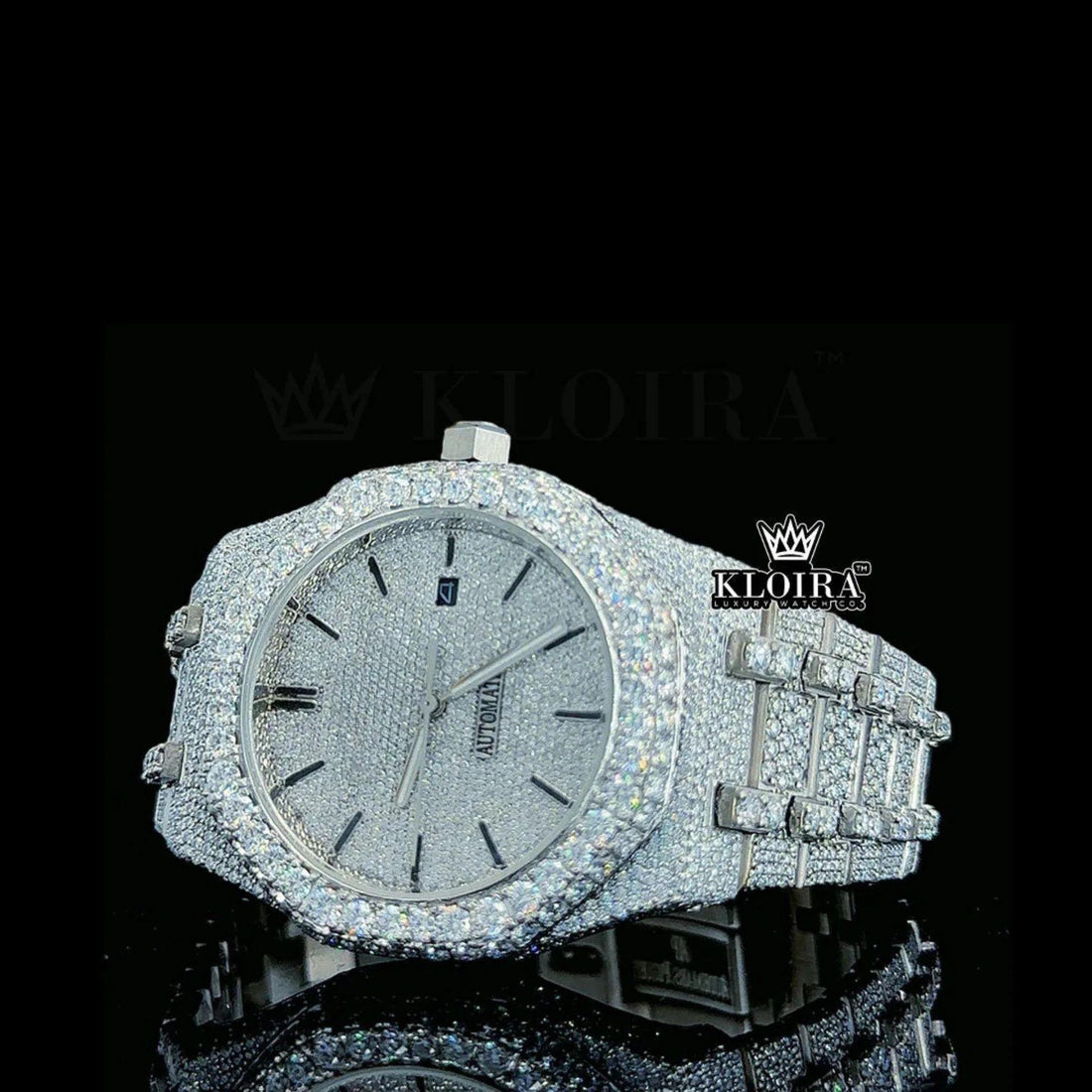 White Dial Black Stick Markers Fully Iced Out Moissanite Diamond Watch Front View