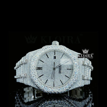 White Dial Black Stick Markers Fully Iced Out Moissanite Diamond Watch Front View