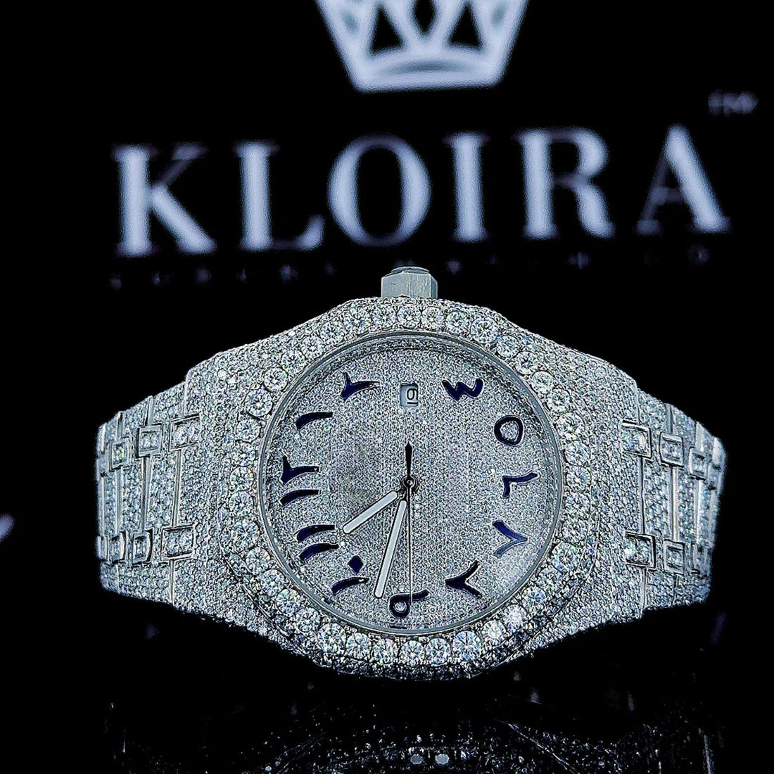 White Dial Blue Arabic Numerals Fully Iced Out Moissanite Diamond Watch Front View