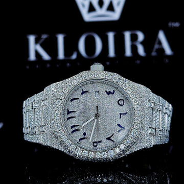 White Dial Blue Arabic Numerals Fully Iced Out Moissanite Diamond Watch Front View