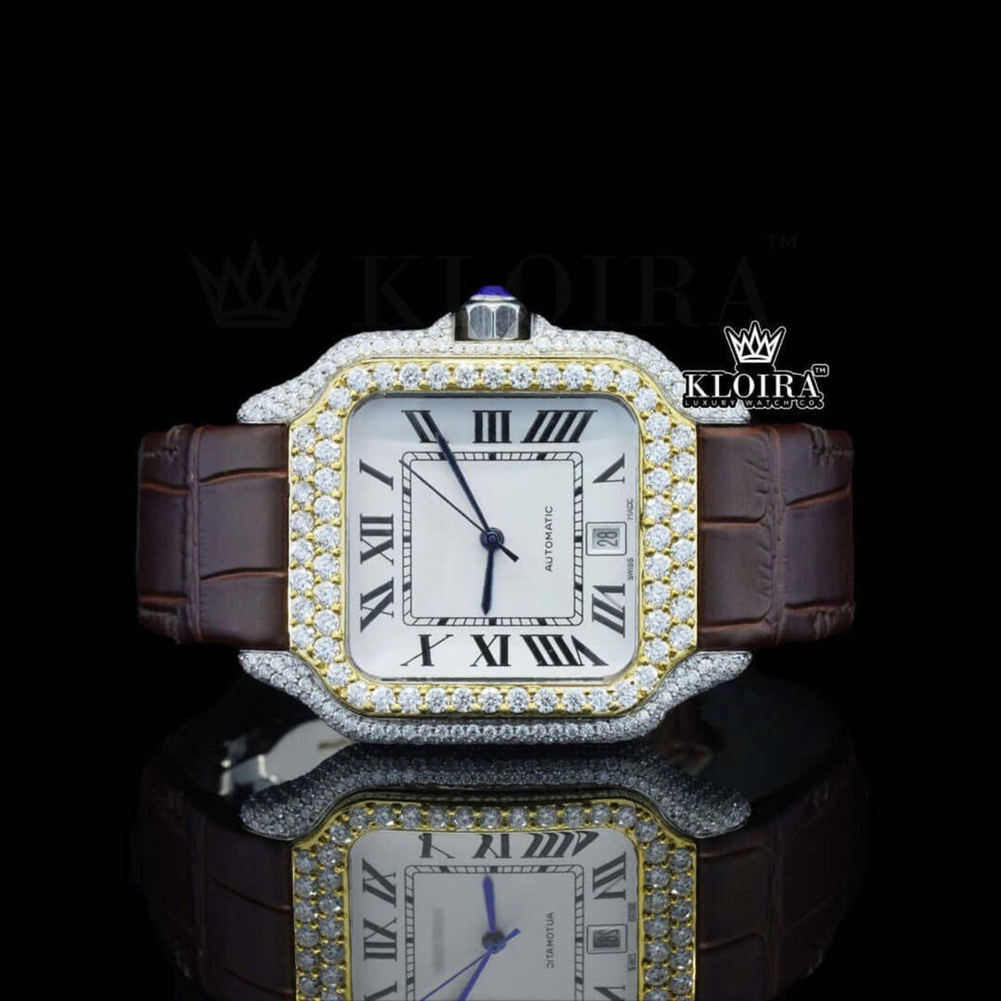 White Dial Brown Leather Strap Moissanite Diamond Watch Front View