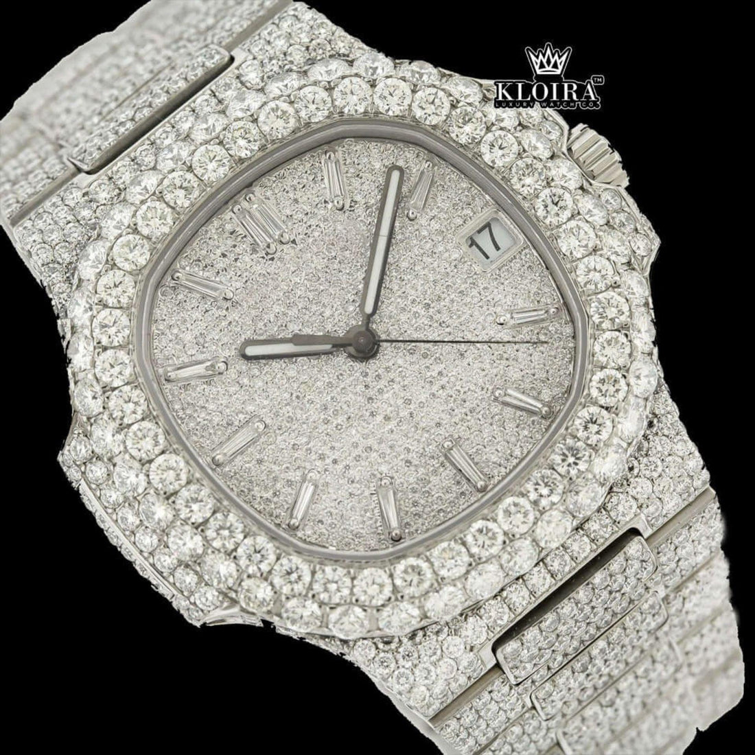 White Dial Bust Down Patek Philippe Inspired Diamond Watch Front View