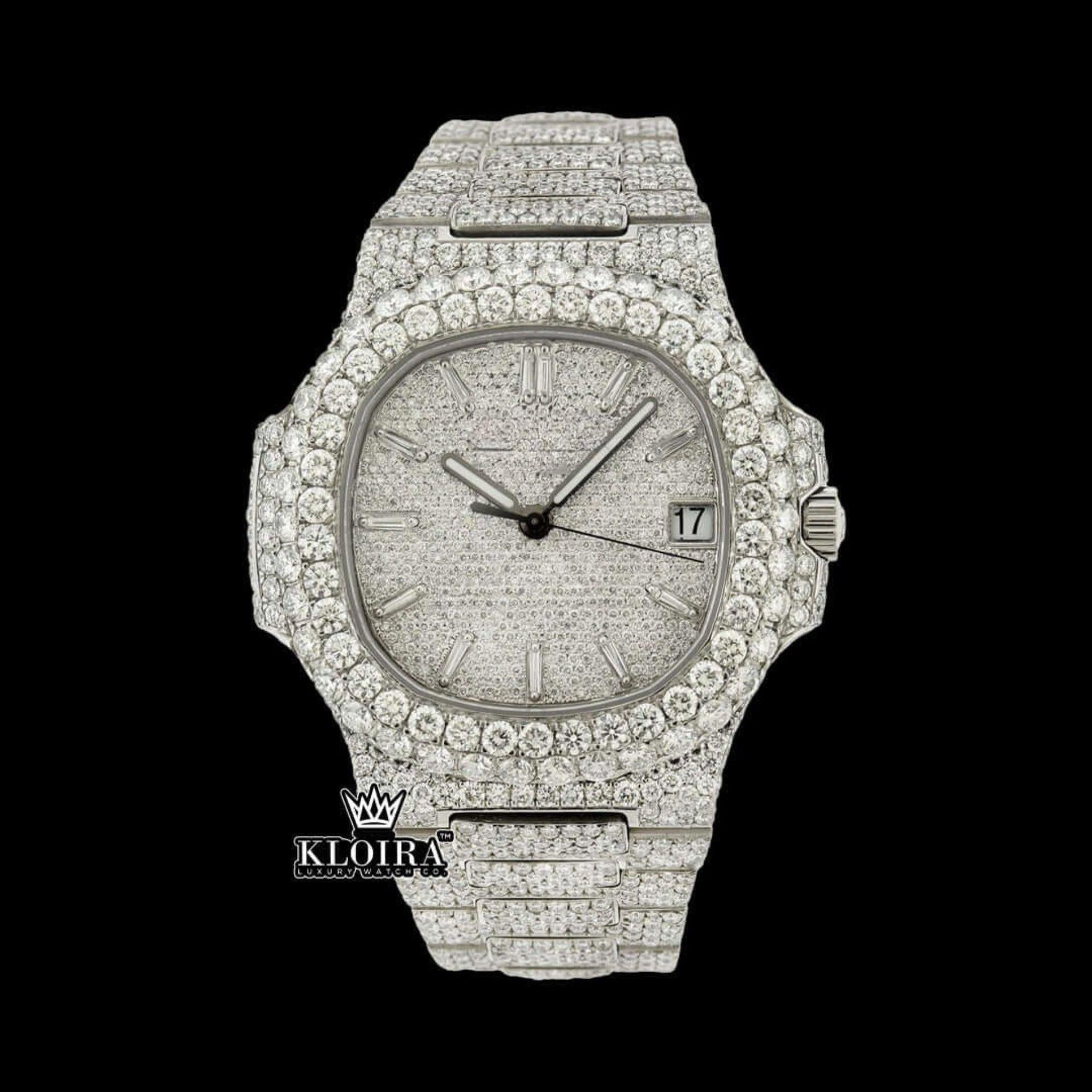 White Dial Bust Down Patek Philippe Inspired Diamond Watch Front View