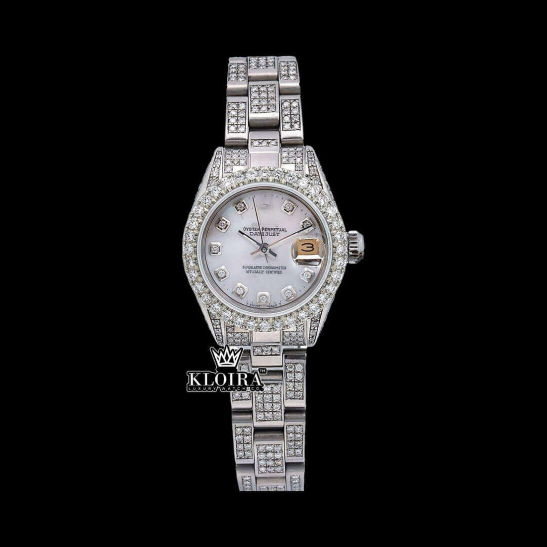 White Dial Date Display Moissanite Diamond Watch 14K Gold VVS 18 Carat 38mm Front View