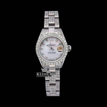 White Dial Diamond Markers Date Display Moissanite Diamond Watch Front View