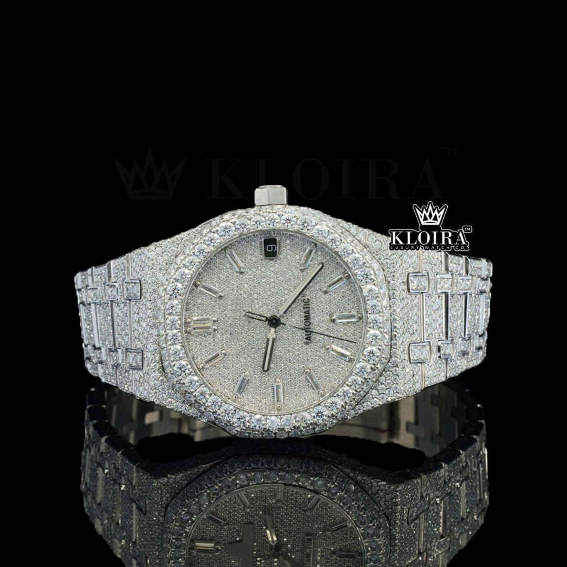 White Dial Diamond Markers Fully Iced Out Moissanite Watch Front View