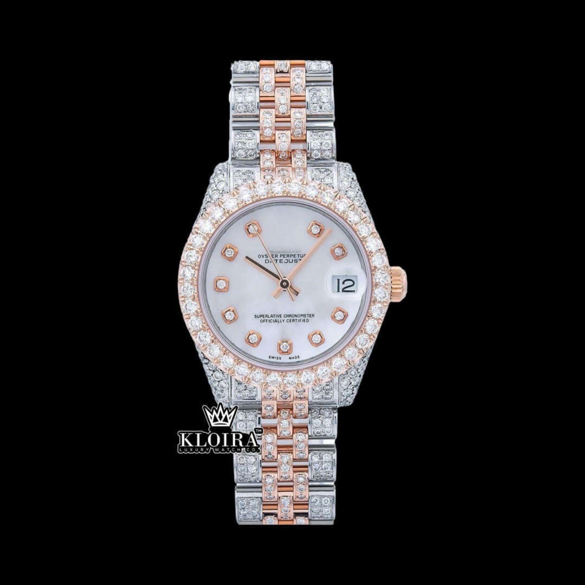 White Dial Diamond Markers Two Tone Iced Out Moissanite Watch Front View