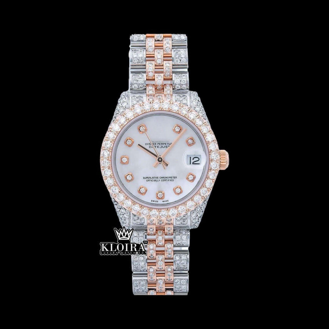 White Dial Diamond Markers Two Tone Iced Out Moissanite Watch Front View