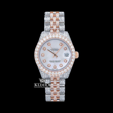 White Dial Diamond Markers Two Tone Iced Out Moissanite Watch Front View