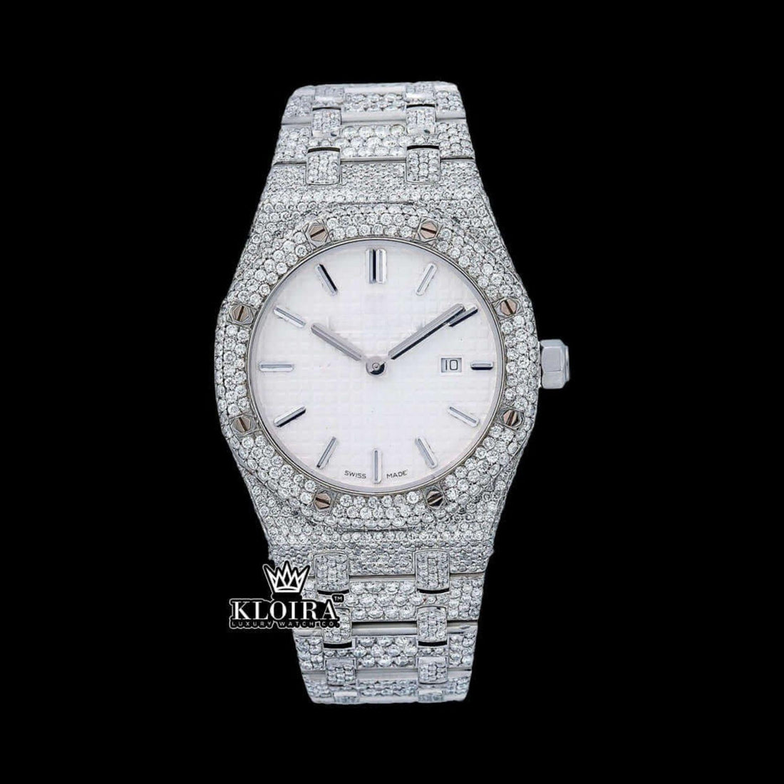 White Dial Full Iced Out Moissanite Diamond Watch 14K Gold VVS 42mm Front View