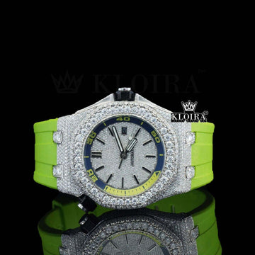 White Dial Green Rubber Strap Iced Out Moissanite Diamond Watch Front View