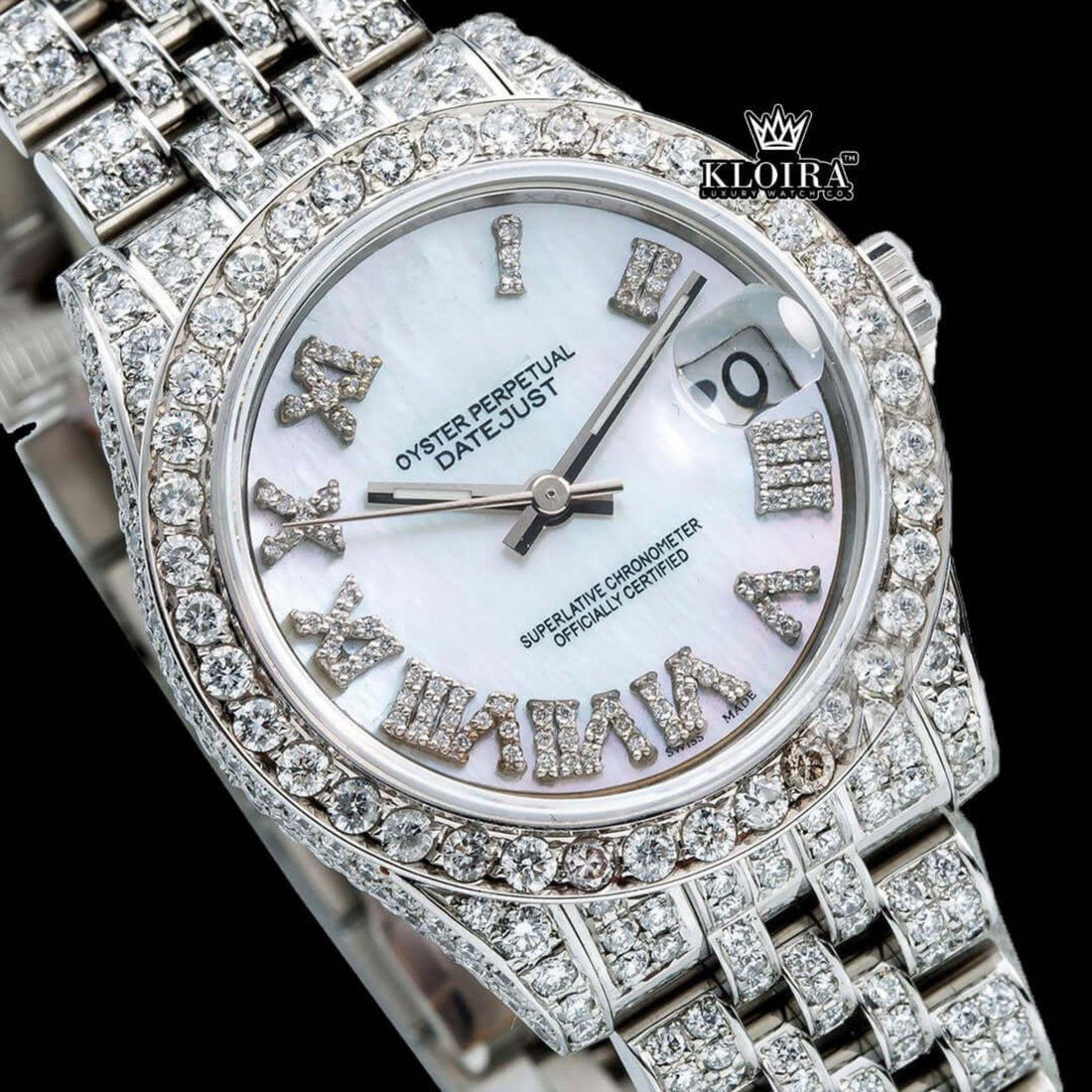 White Dial Roman Numeral Fully Iced Out Moissanite Diamond Watch Front View