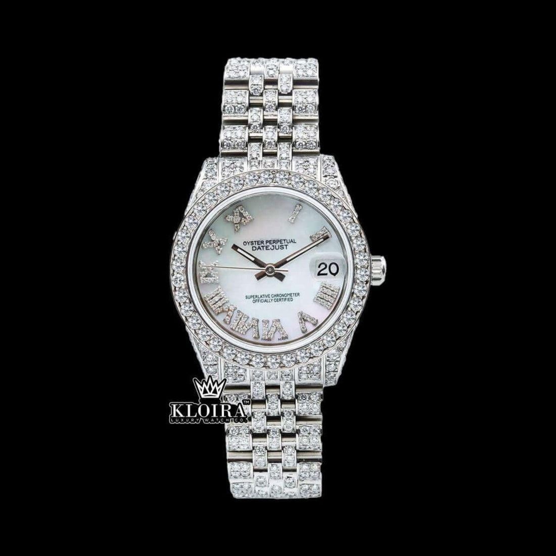 White Dial Roman Numeral Fully Iced Out Moissanite Diamond Watch Front View