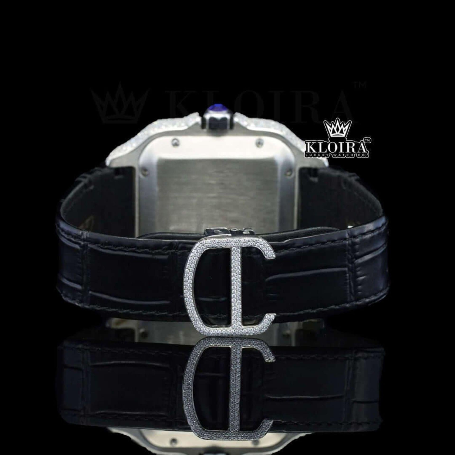 White Dial Roman Numerals Leather Strap Moissanite Diamond Watch