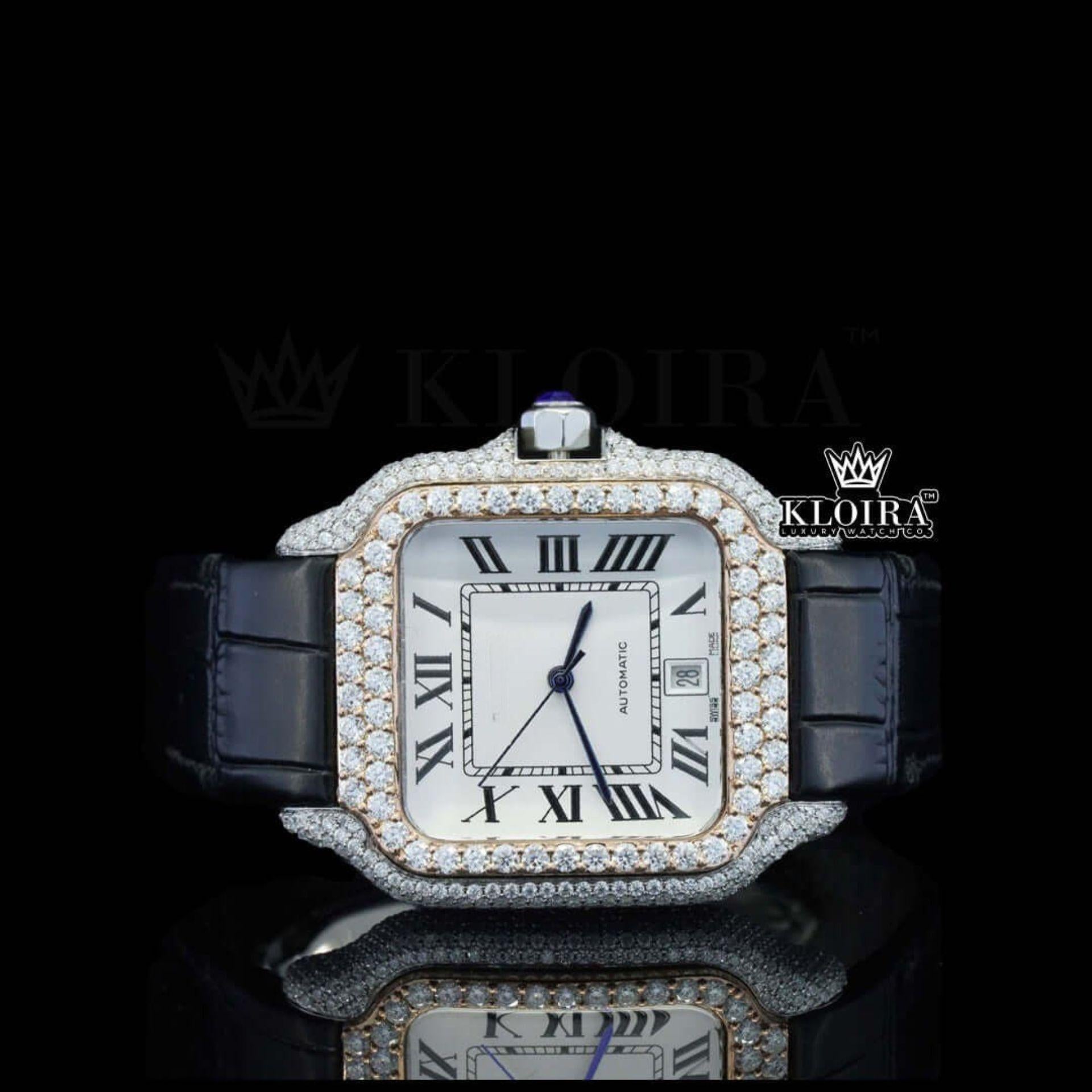 White Dial Roman Numerals Black Leather Strap Moissanite Diamond Watch Front View