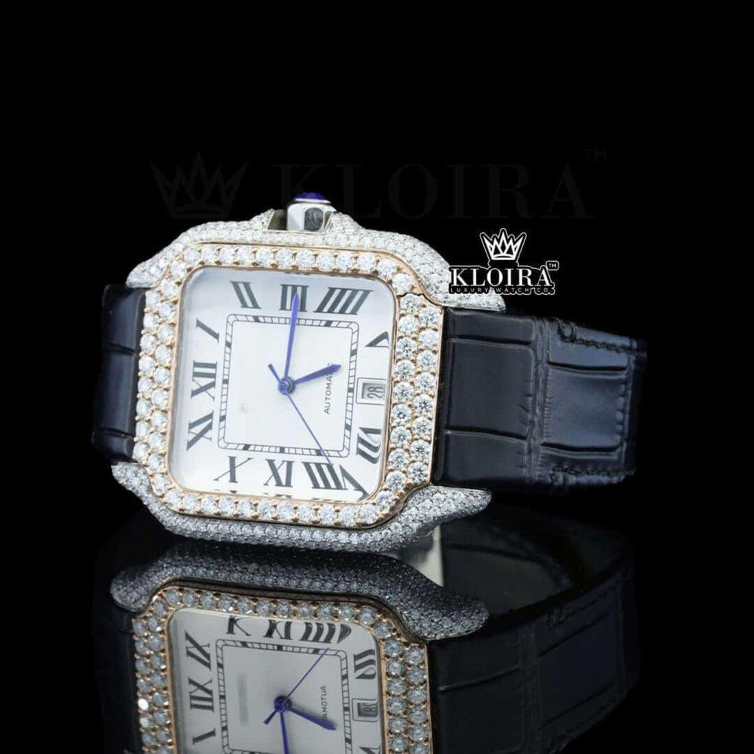White Dial Roman Numerals Black Leather Strap Moissanite Diamond Watch Front View