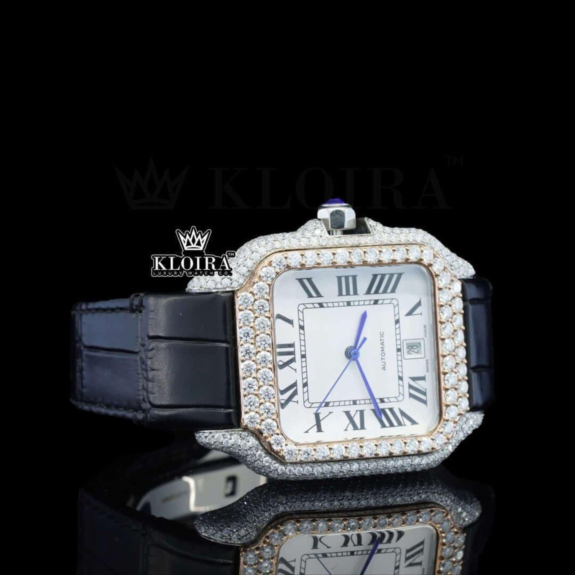 White Dial Roman Numerals Leather Strap Moissanite Diamond Watch