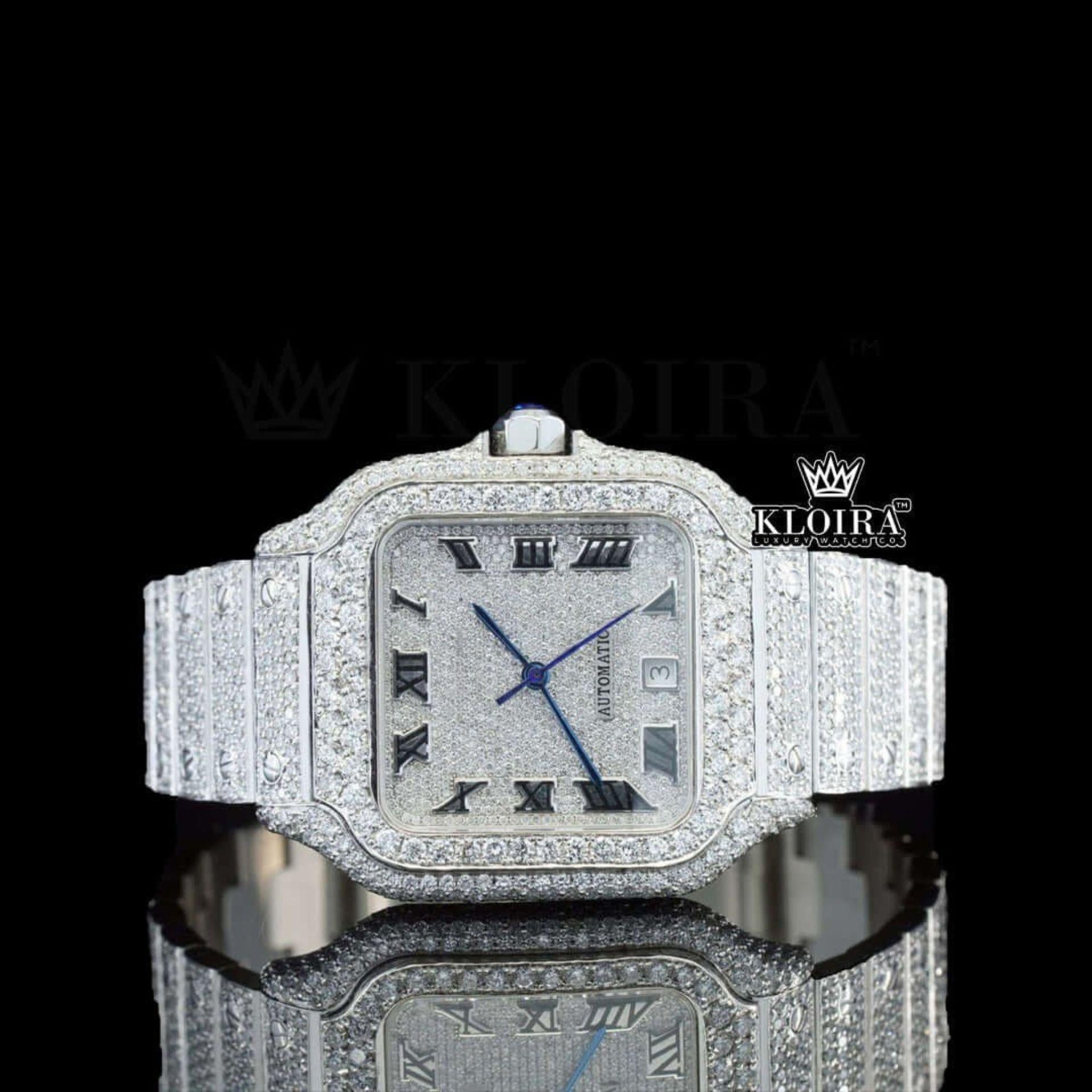 White Dial Roman Numerals Blue Hands Fully Iced Out Moissanite Watch Front View