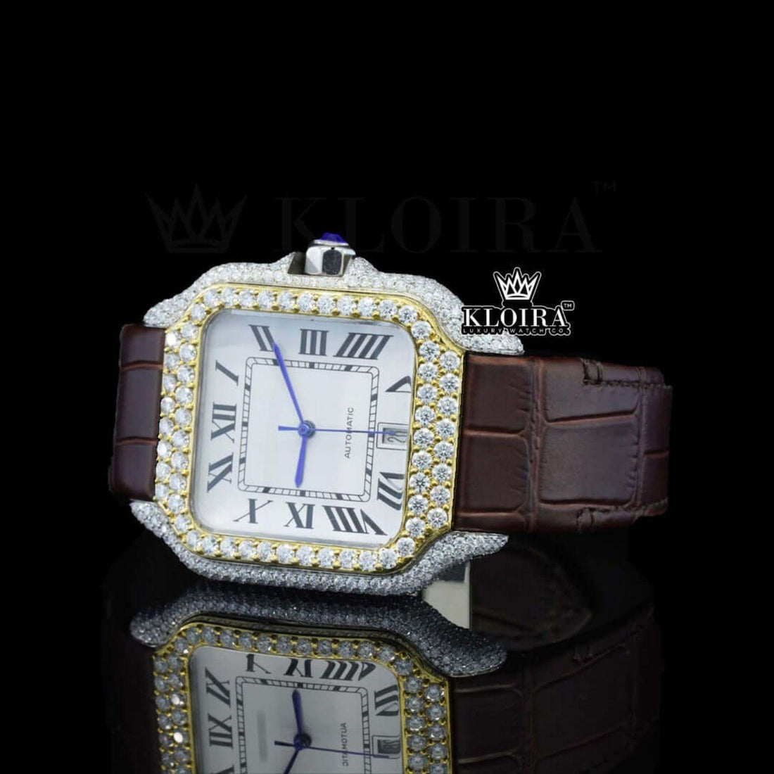 White Dial Roman Numerals Brown Leather Strap Moissanite Diamond Watch Front View