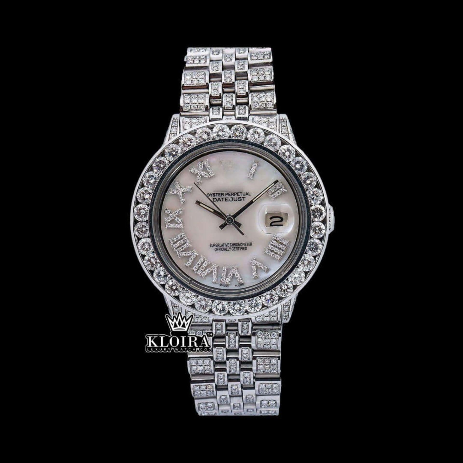 White Dial Roman Numerals Diamond Link Strap Moissanite Watch Front View