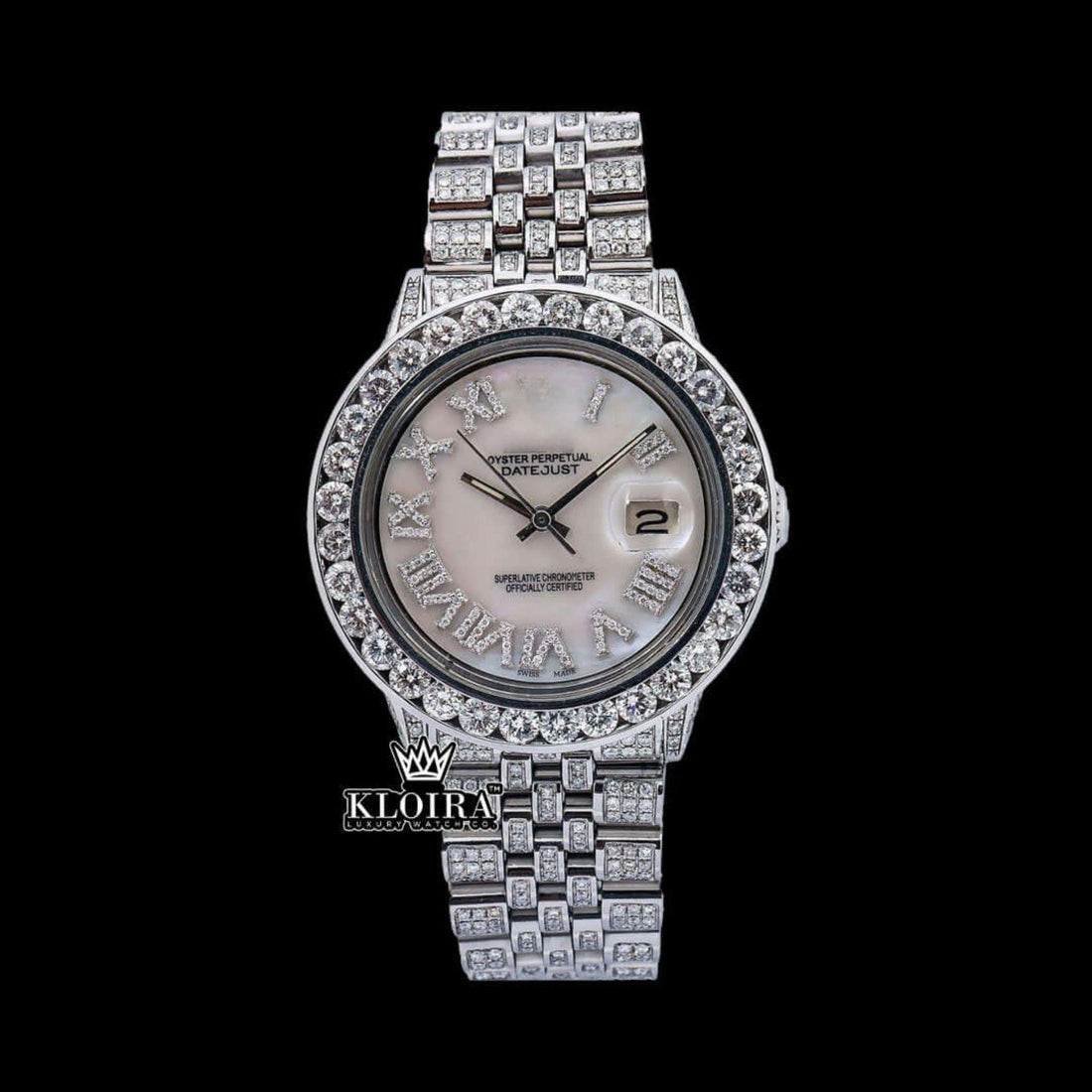White Dial Roman Numerals Diamond Link Strap Moissanite Watch Front View