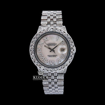 White Dial Roman Numerals Diamond Link Strap Moissanite Watch Front View