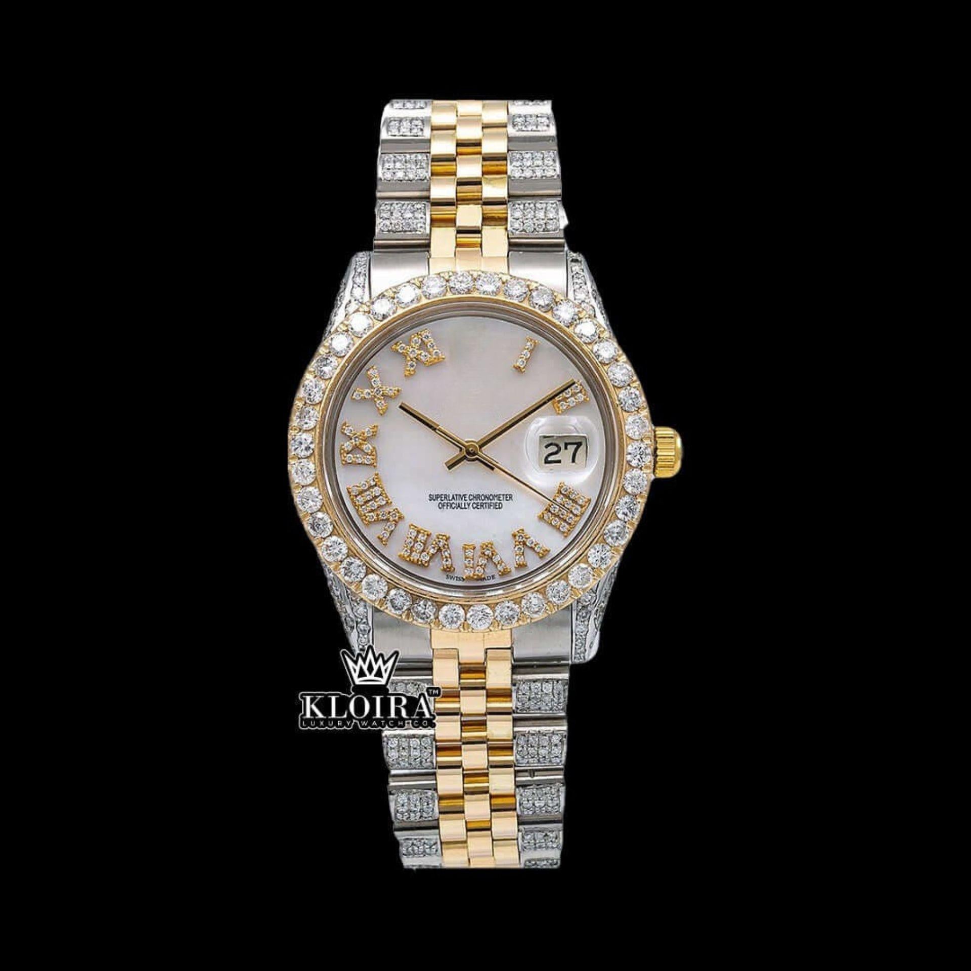 White Dial Roman Numerals Two Tone Moissanite Diamond Watch Front View