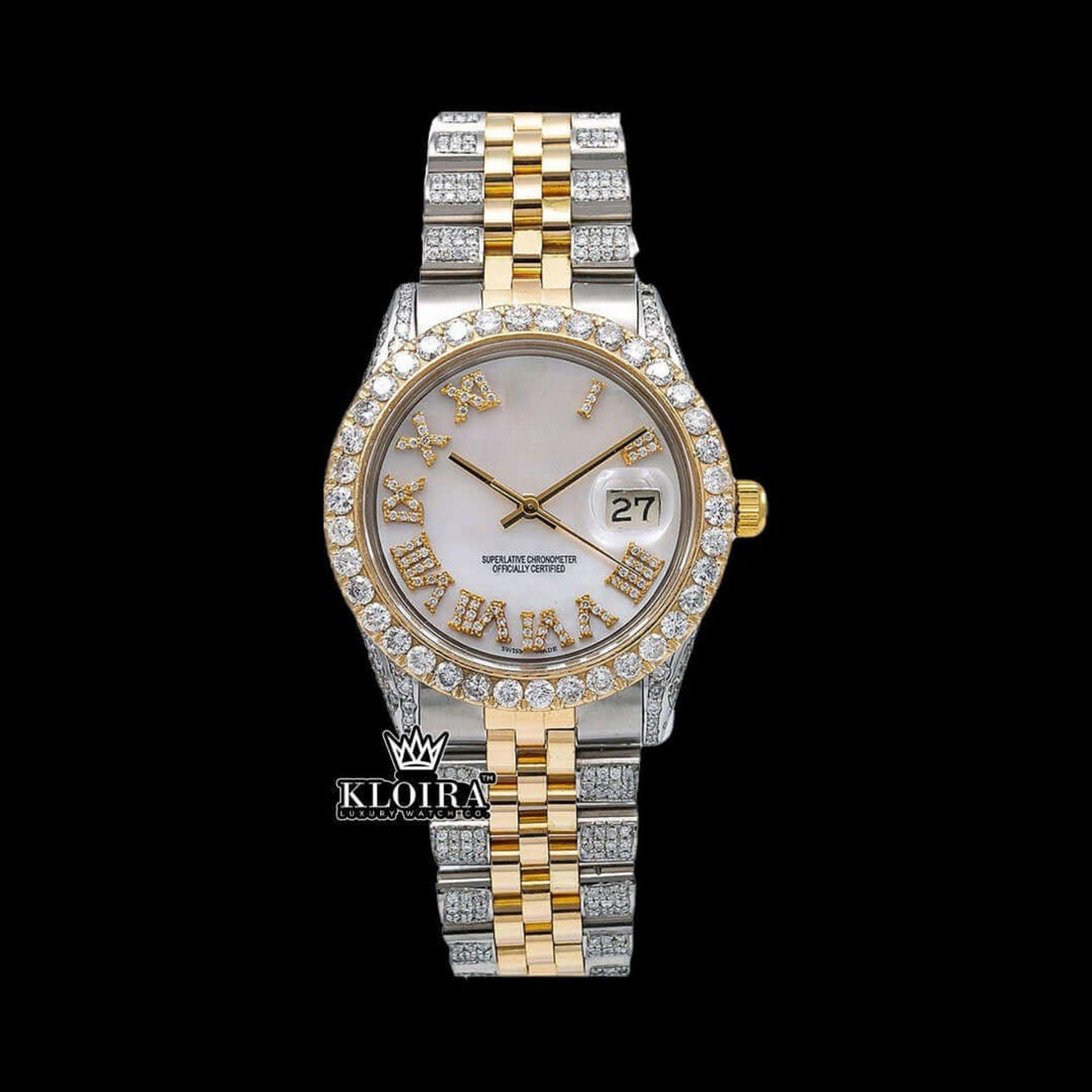White Dial Roman Numerals Two Tone Moissanite Diamond Watch Front View