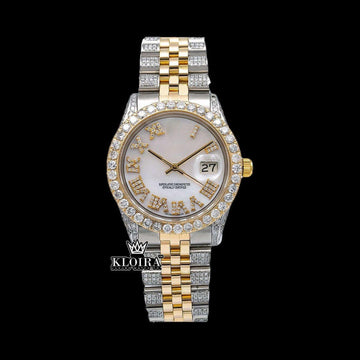 White Dial Roman Numerals Two Tone Moissanite Diamond Watch Front View